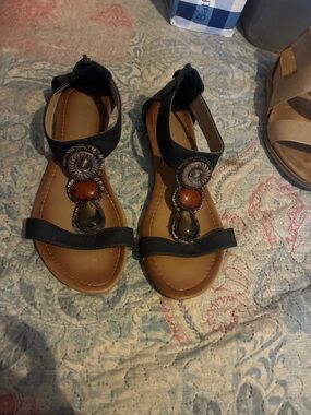 Blue Embellished T-Strap Women's Sandals